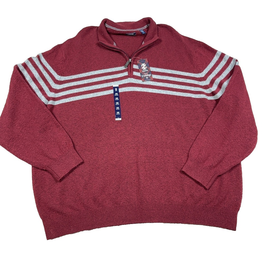 Izod Sweater Men 4XB Velvet Maroon Gray Pullover Quarter Zip Knit Stripes NEW